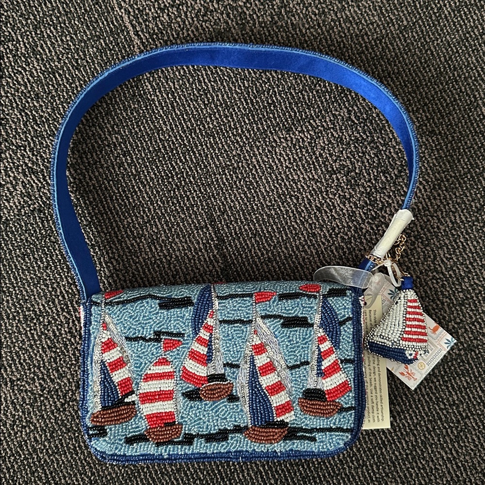 Beaded Sailboat Shoulder Bag in Denim Blue
